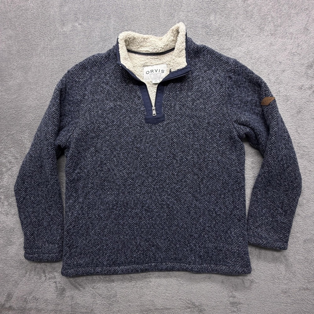 Orvis Sweater Mens Large Blue Sherpa‎ Lined 1/4 Zip Mock Neck Pullover Knit